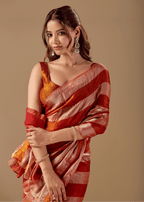 Copper Rust Tissue Silk Saree With Metallic Stripe Weave