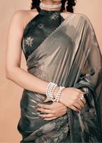 Bottle Green Organza Silk Saree With Foil Botanical Print