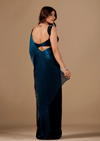 Navy Blue Organza Silk Saree Back Pose - Stone Work Border Detail