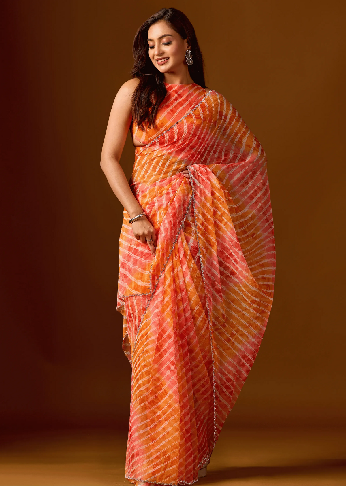 Sunset Orange Chiffon Saree With Shibori Print