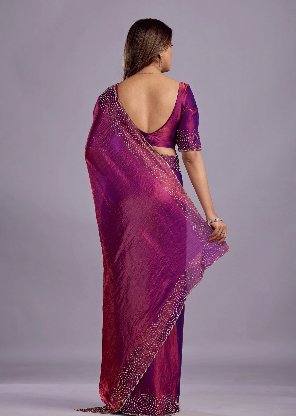 Magenta Tissue Silk Saree With Crystal Spiral Work