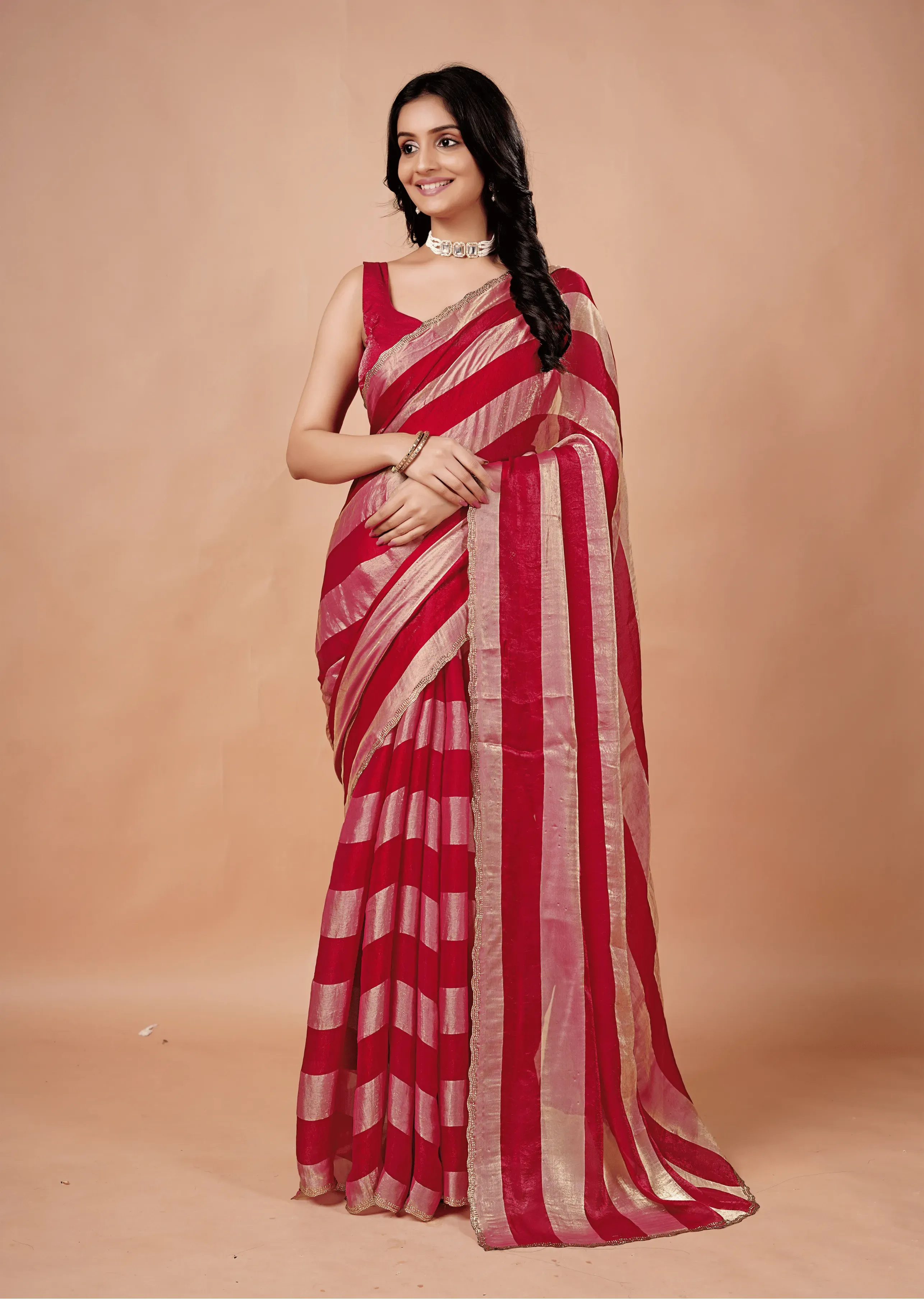 Rani Pink Tissue Silk Saree With Metallic Stripe Work