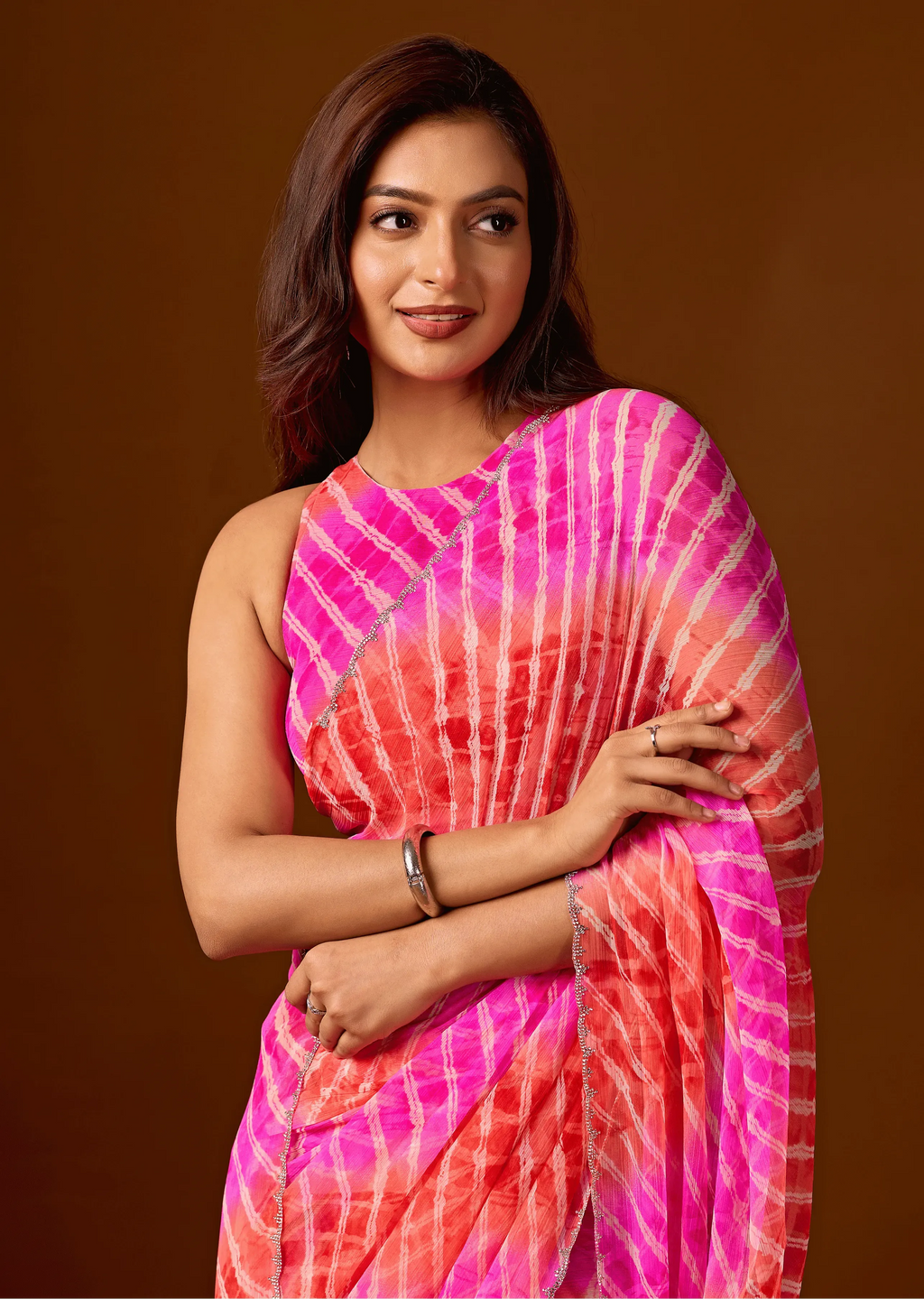Flamingo Pink Chiffon Saree With Shibori Print