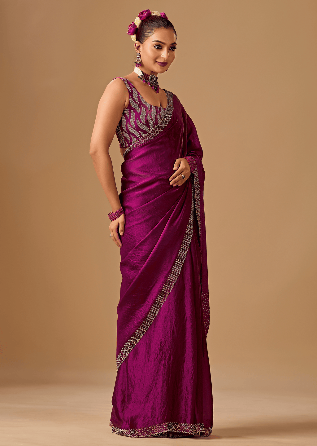 Magenta Purple Tissue Silk Saree With Crystal Stone Border