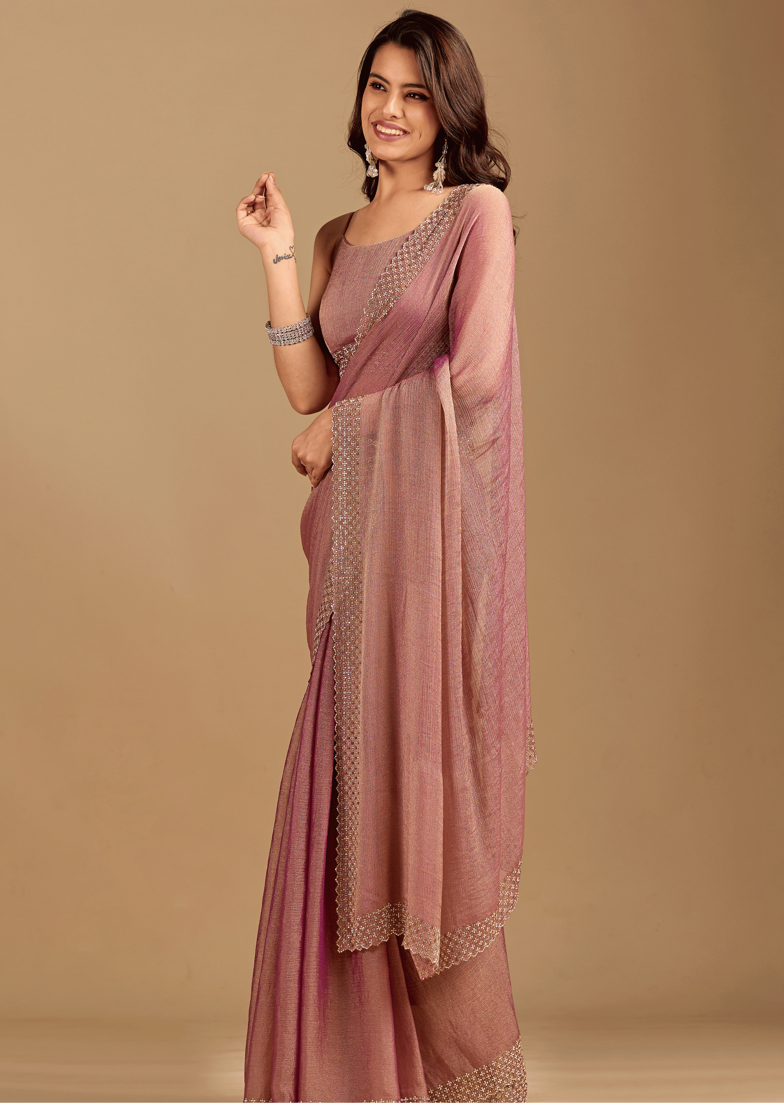 Dusty Pink Soft Silk Saree With Embellished Border