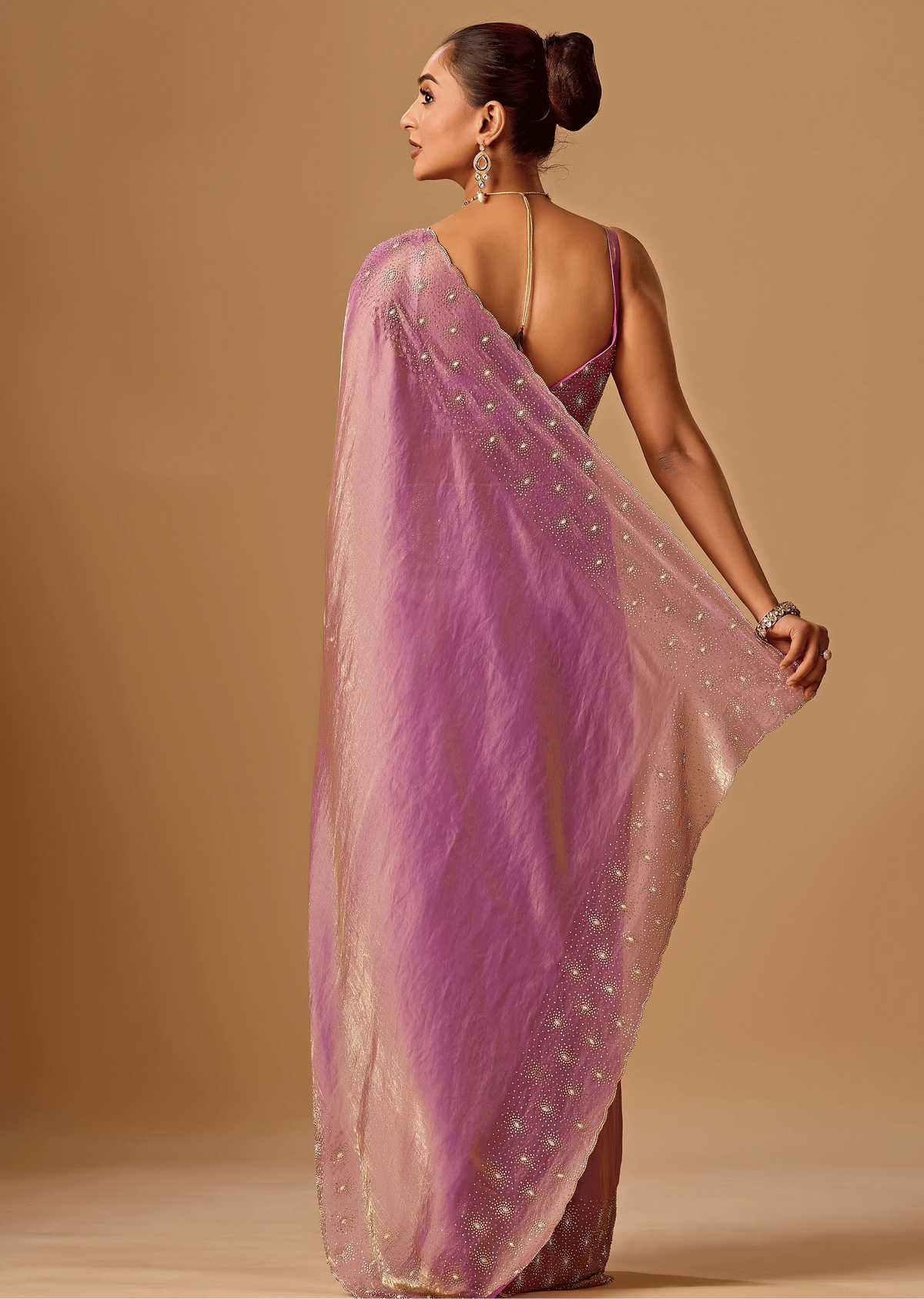  Lavender Tissue Silk Saree Back Pose - Stone Work Detail