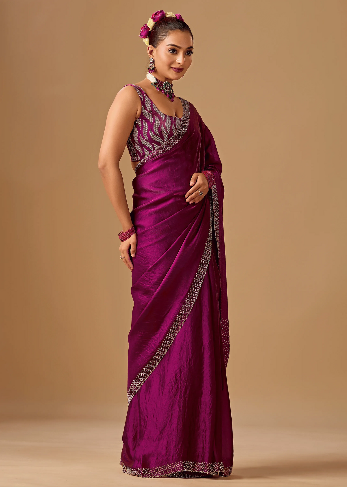 Magenta Purple Tissue Silk Saree With Crystal Stone Border