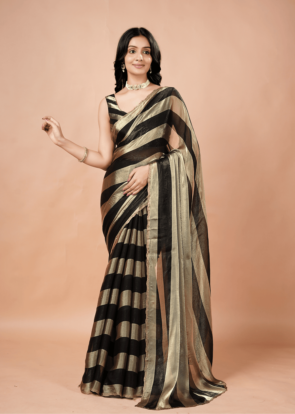Black Tissue Silk Saree With Striped Weave