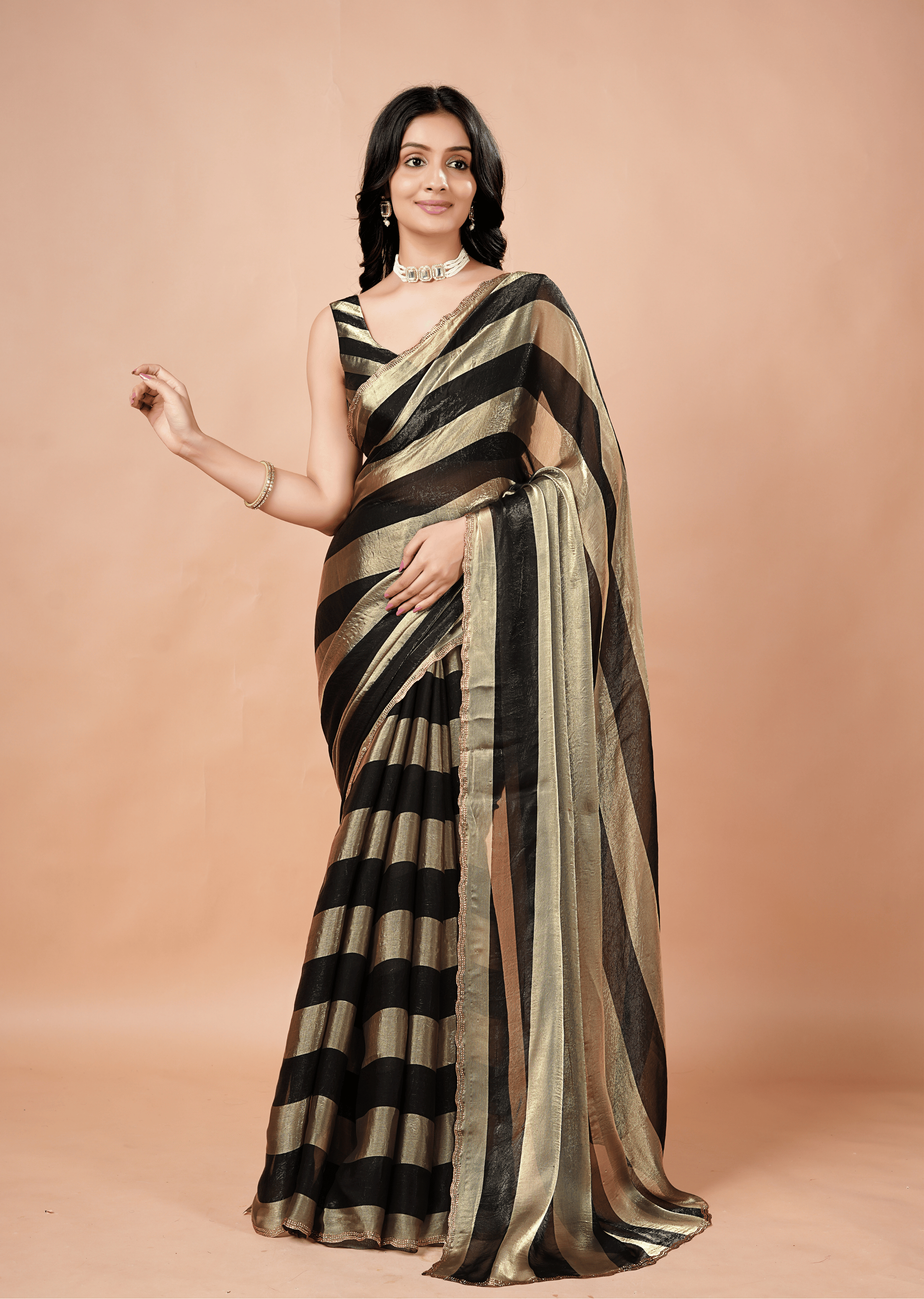 Black Tissue Silk Saree With Striped Weave