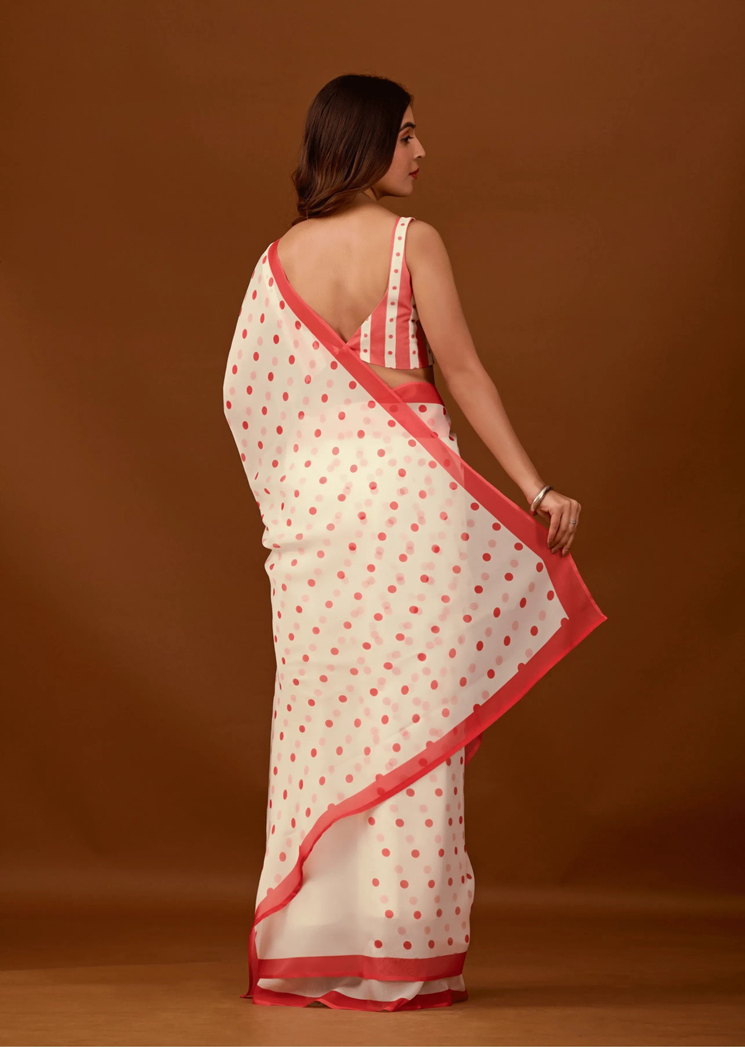 White Soft Organza Saree With Polka Dot Print