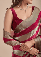 Berry Wine Tissue Silk Saree With Metallic Stripe Weave