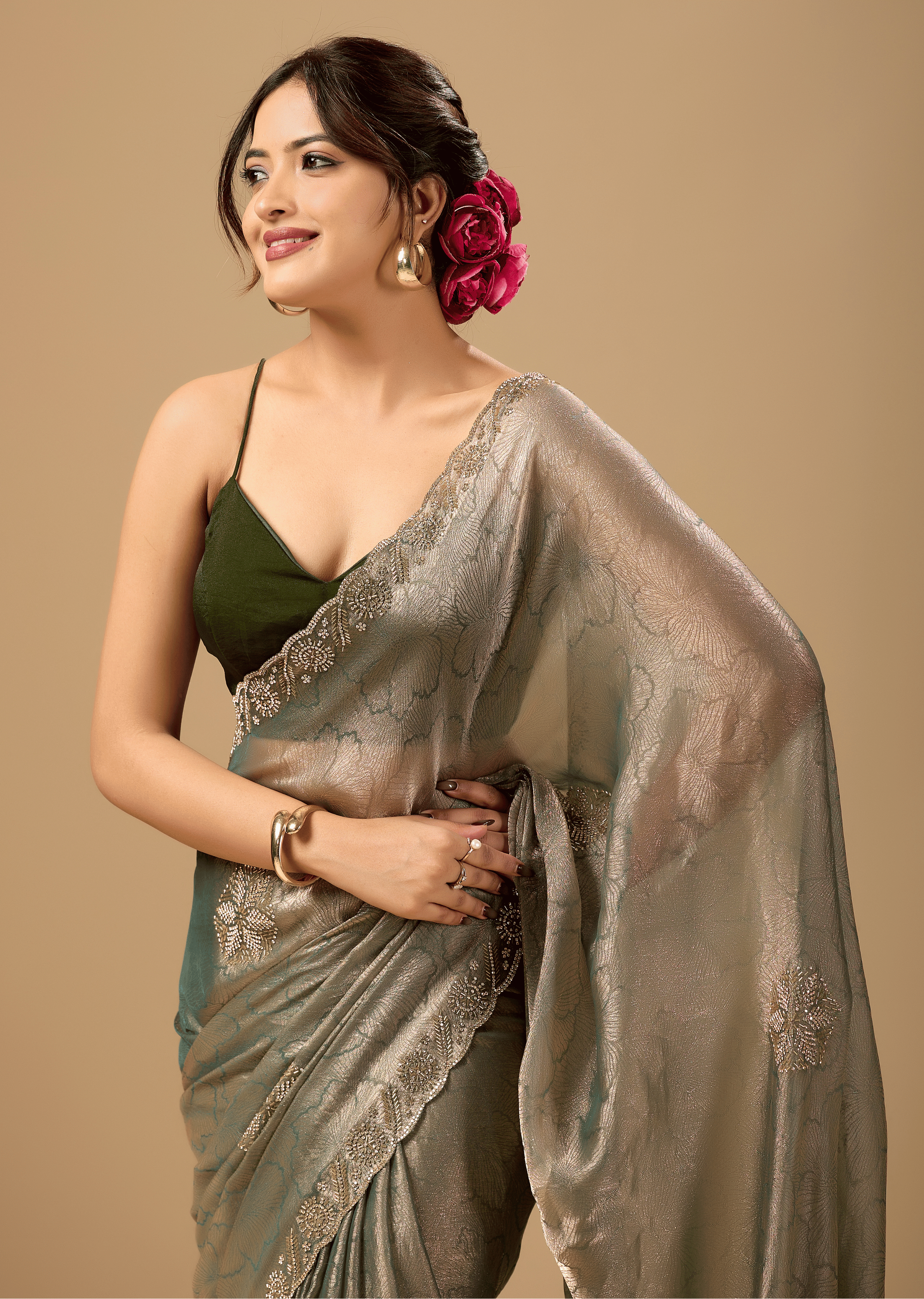 Sage Green Jacquard Saree With Crystal Stone Border