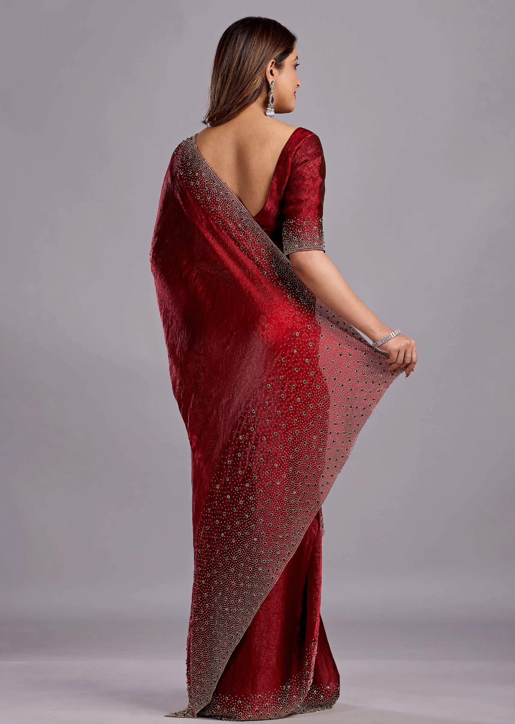 Maroon Tissue Silk Saree Back Pose - Crystal Stone Work Detail