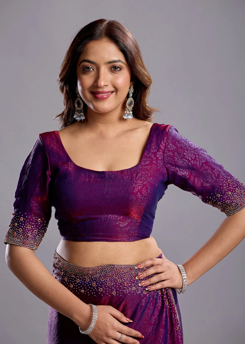 Purple Tissue Silk Saree Blouse Close Up - Crystal Stone Detailing