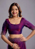 Purple Tissue Silk Saree Blouse Close Up - Crystal Stone Detailing