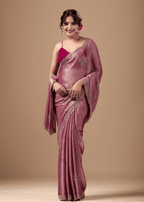Rose Pink Jacquard Saree With Handcrafted Stone Border