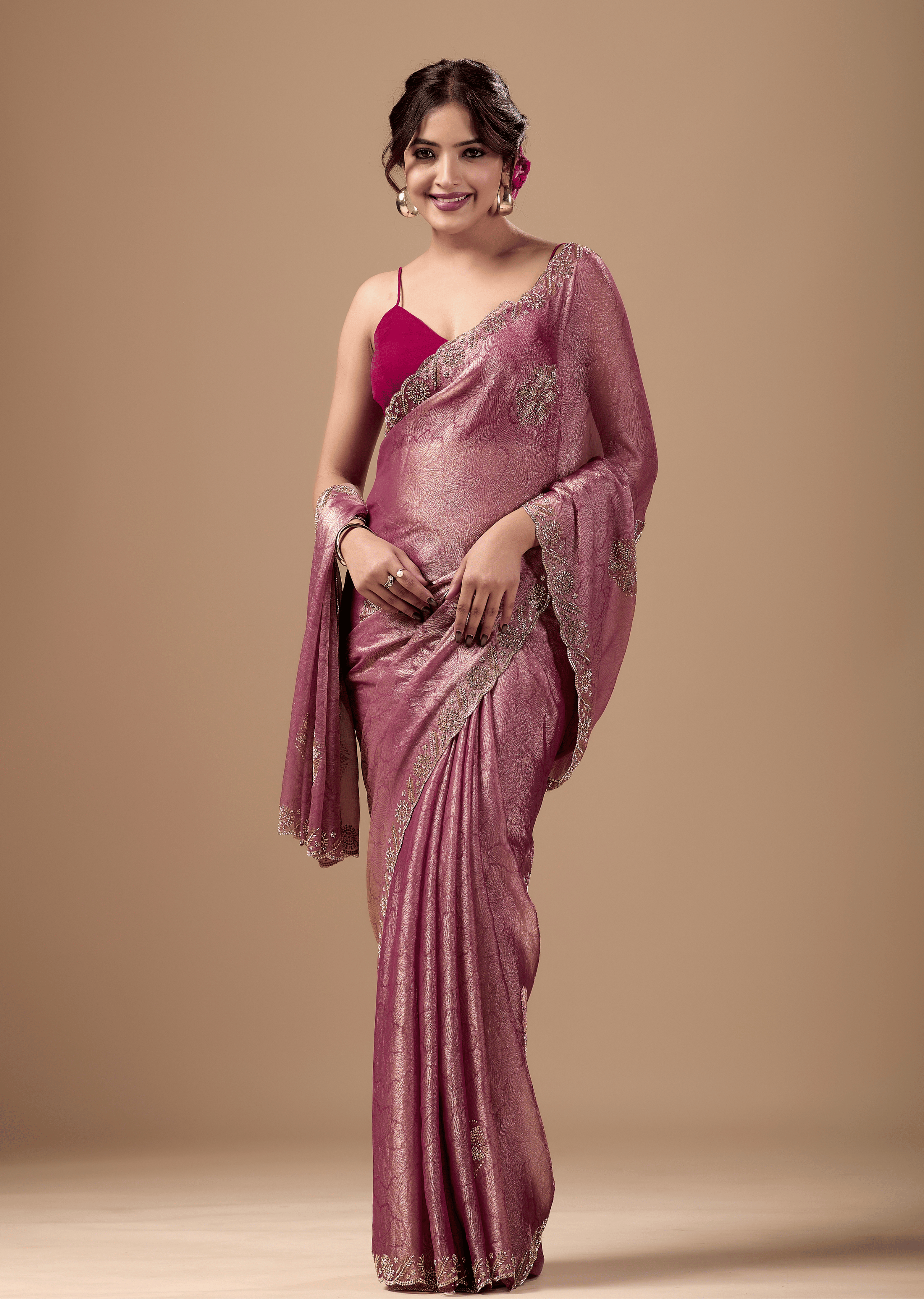 Rose Pink Jacquard Saree With Handcrafted Stone Border