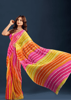 Pink Orange Chiffon Saree With Leheriya Print