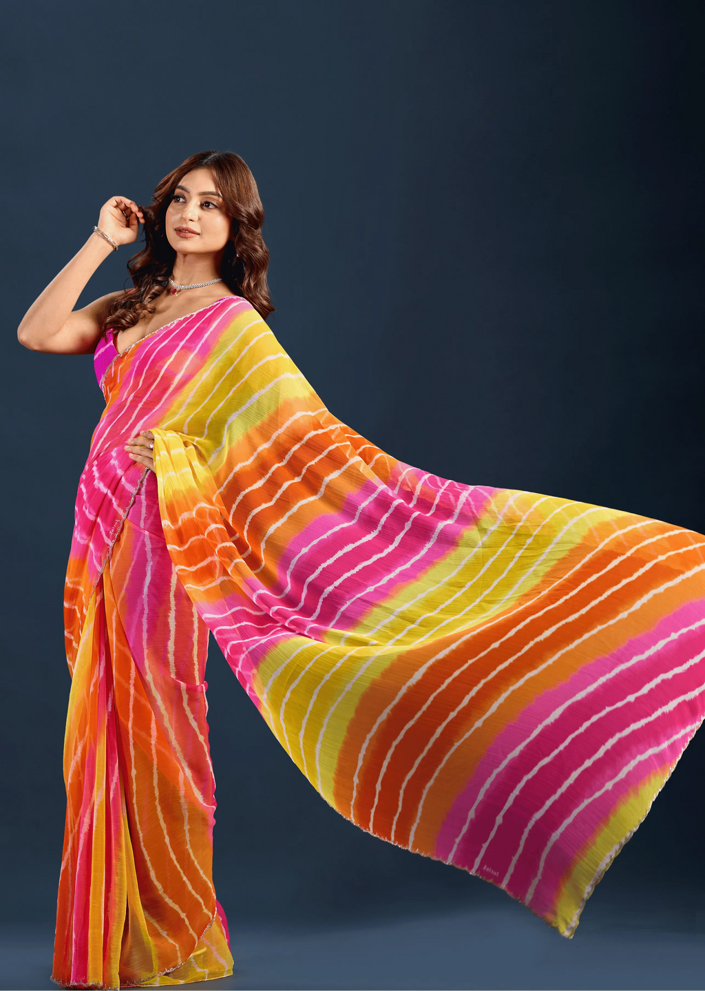 Pink Orange Chiffon Saree Side Pose - Festive Wear Saree