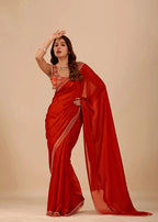 Crimson Red Tissue Silk Saree With Diamond Border Work - Front Look | Buy Online Ethnic9
