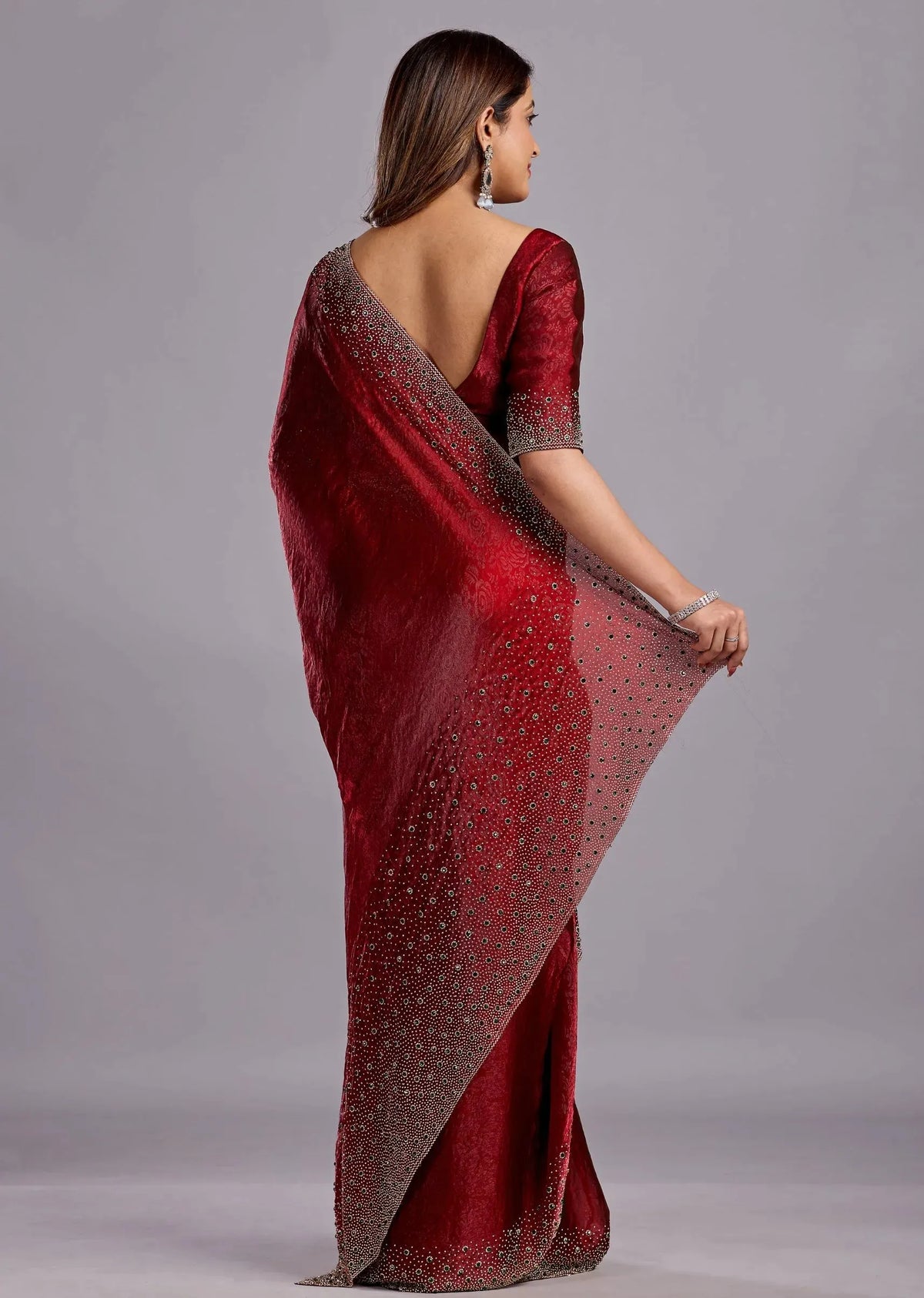 Maroon Tissue Silk Saree With Crystal Stone Work - Photo 2 | Buy Online Ethnic9