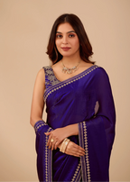 Midnight Blue Tissue Silk Saree With Crystal Border Work