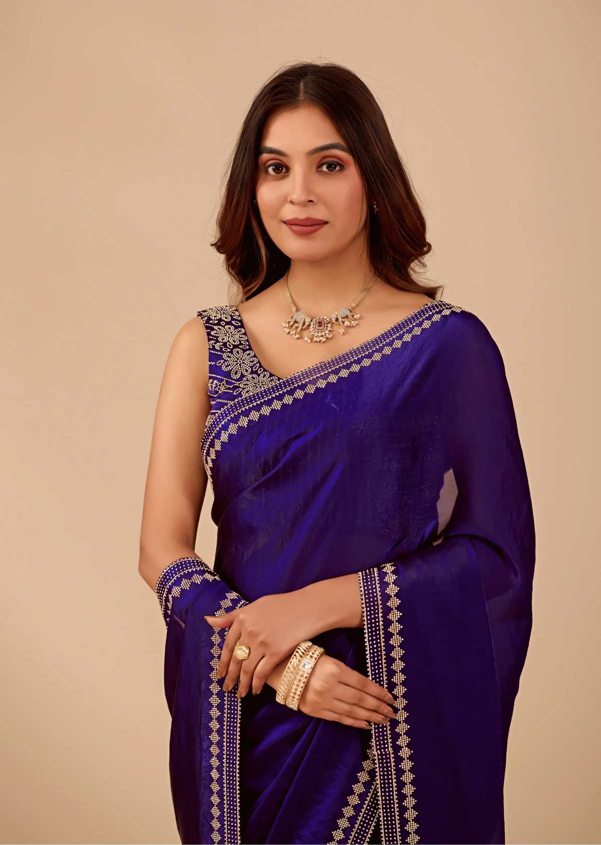 Midnight Blue Tissue Silk Saree With Crystal Border Work
