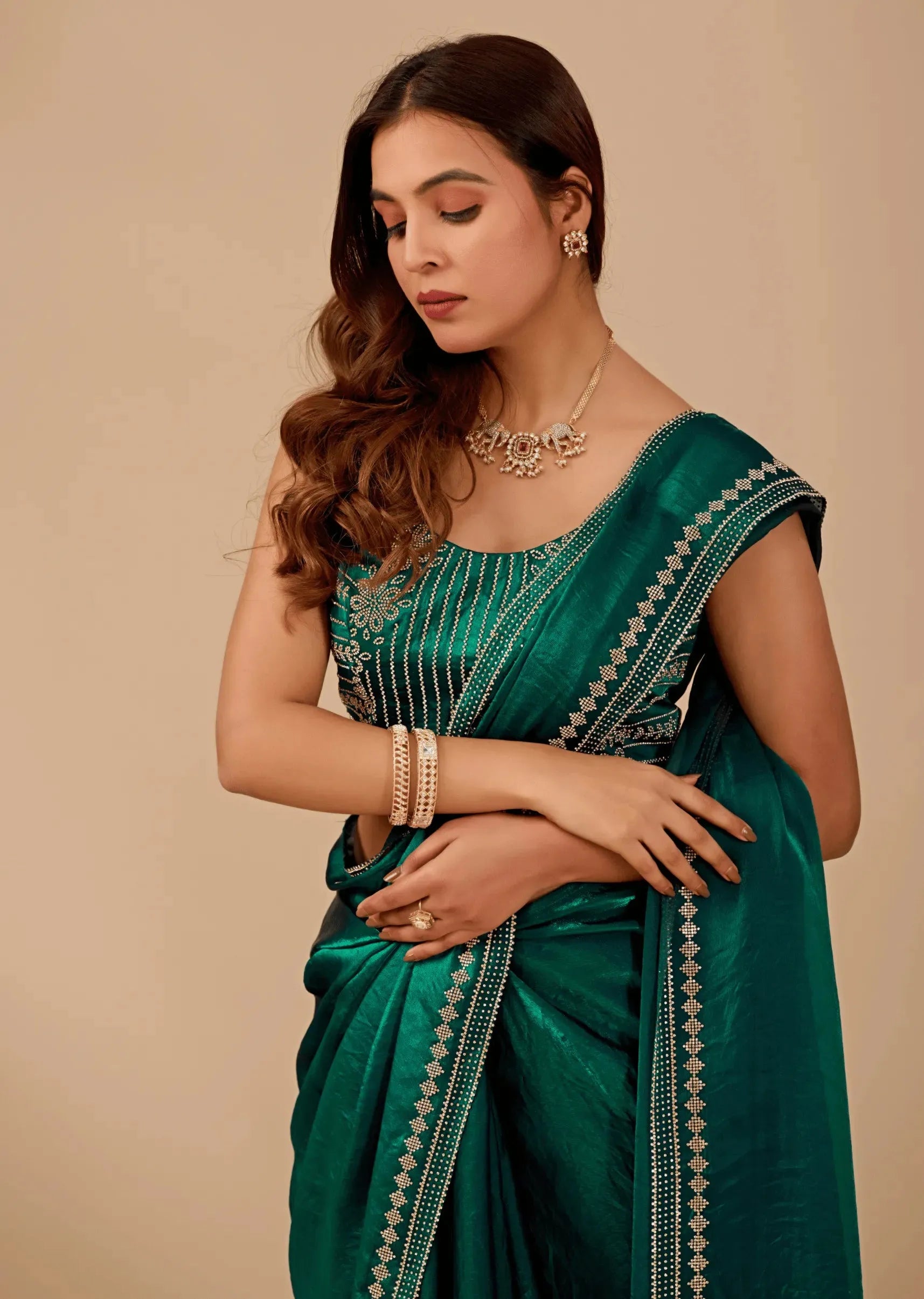 Emerald Teal Tissue Silk Saree With Crystal Border Work