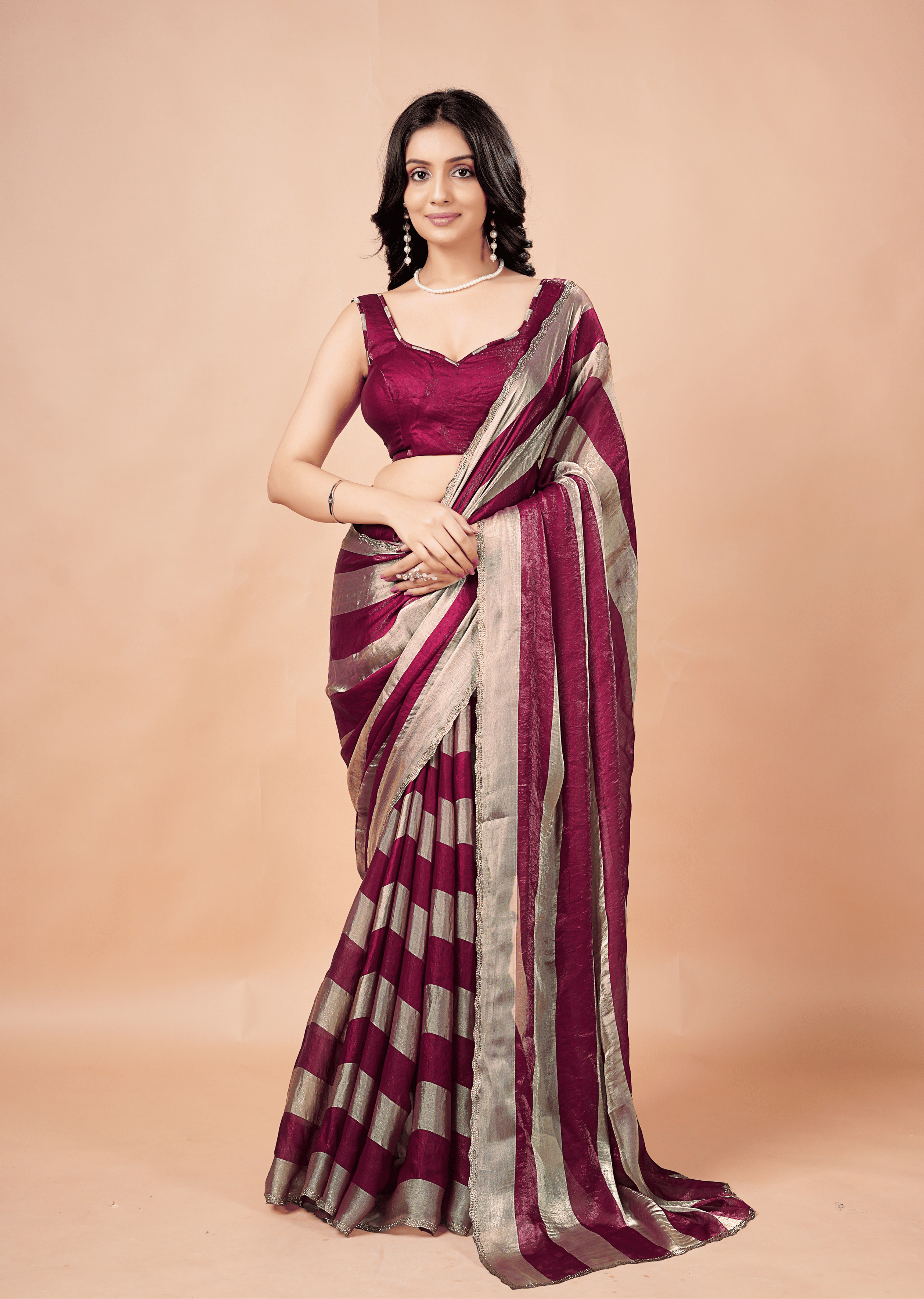 Wine Tissue Silk Saree With Metallic Stripe Work