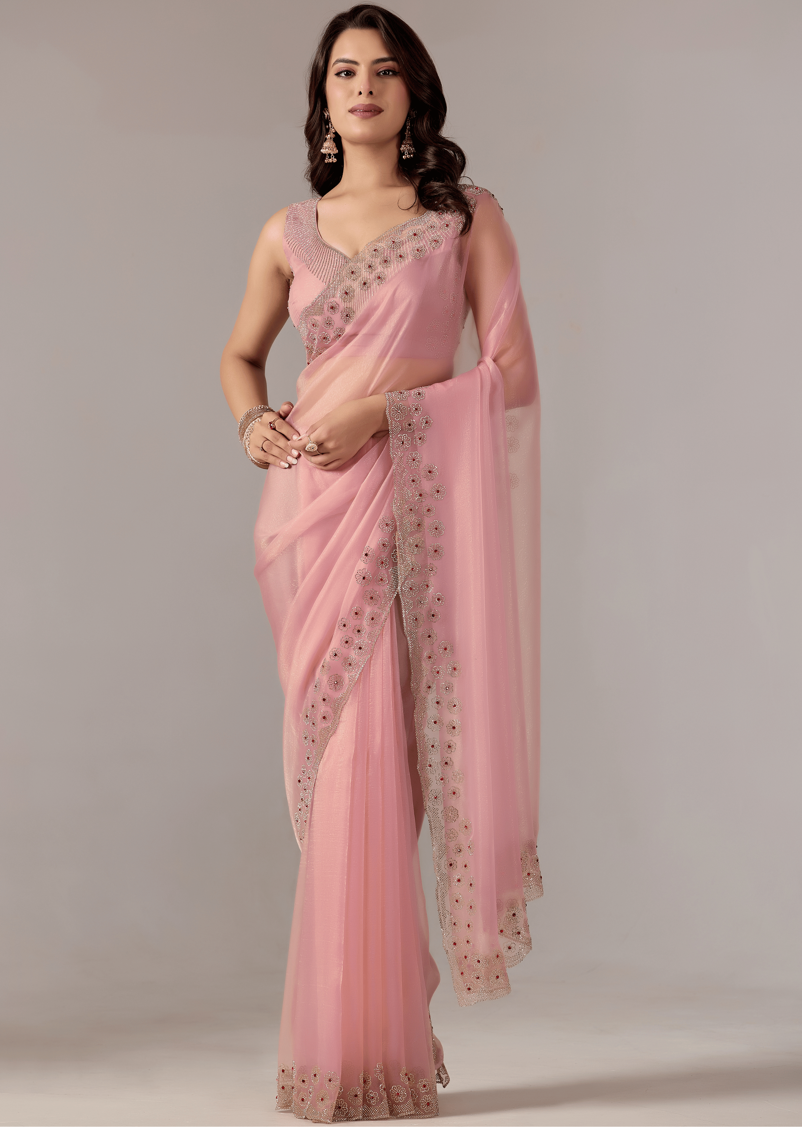 Baby Pink Tissue Saree With Stone Embroidery