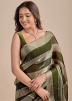 Olive Green Tissue Silk Saree With Metallic Stripe Weave