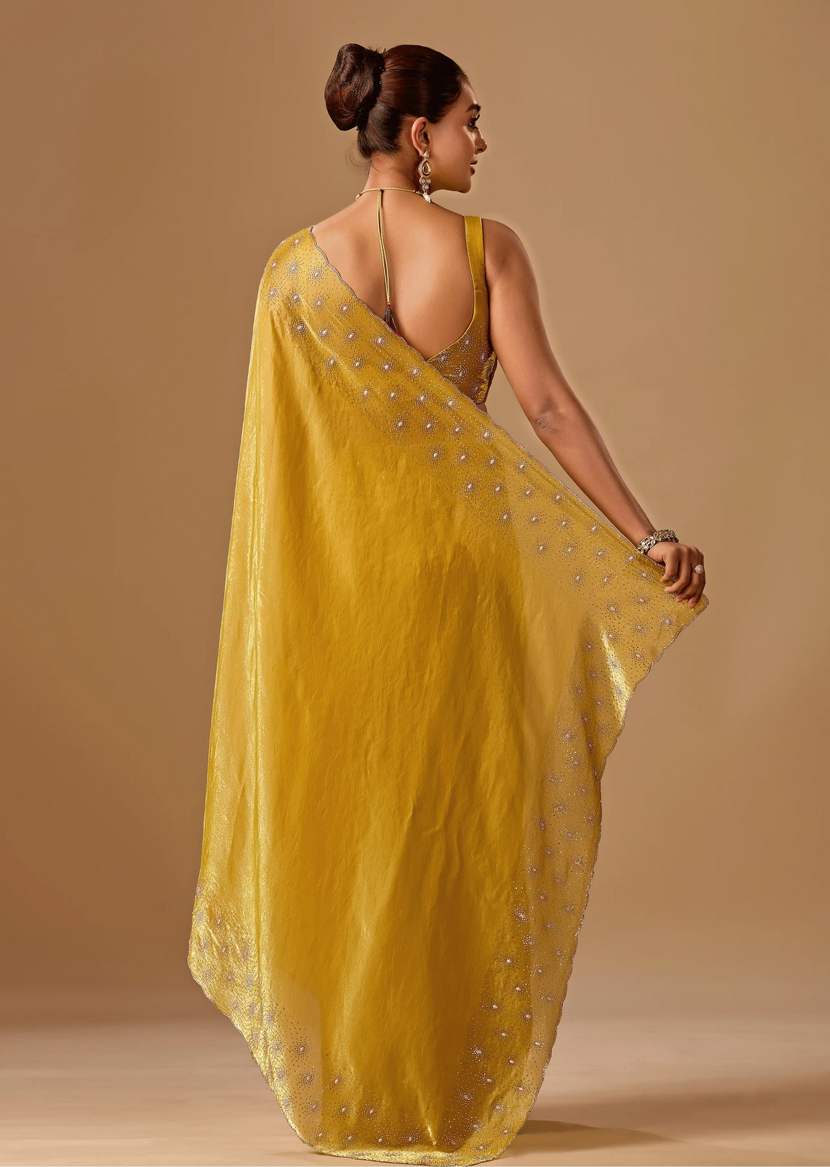 Golden Mustard Tissue Silk Saree With Crystal Stone Border
