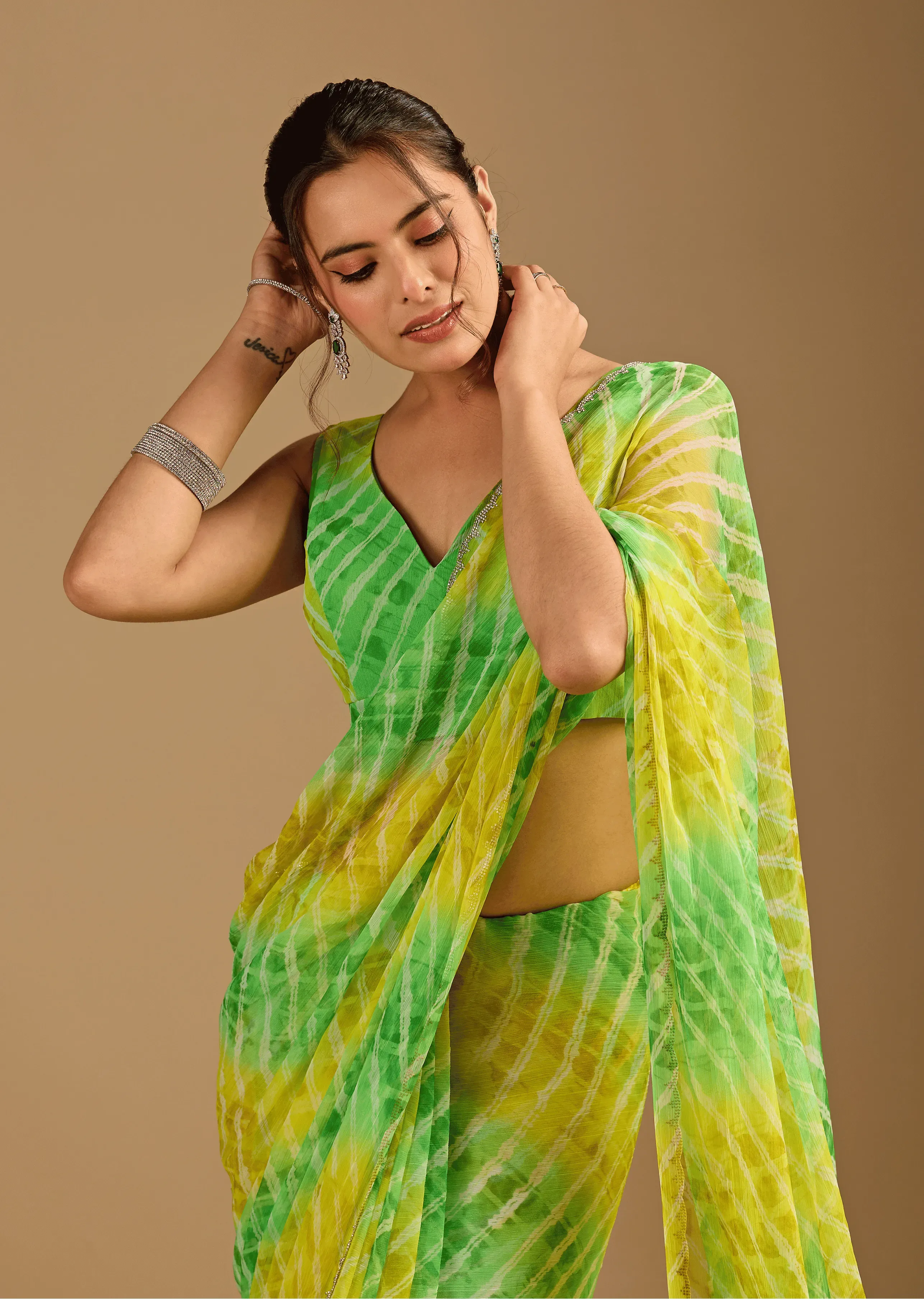 Citrus Green Chiffon Saree With Shibori Tie Dye