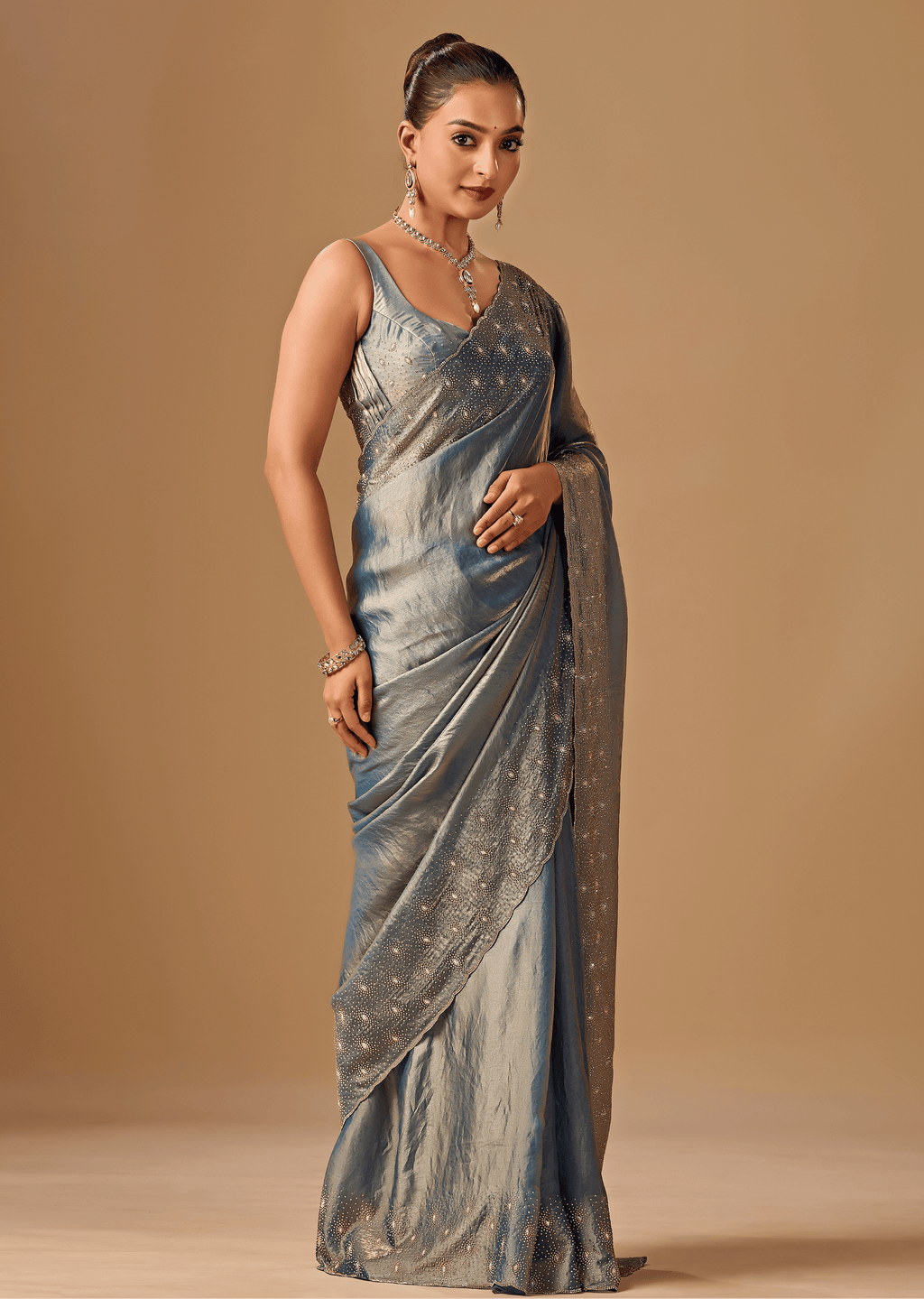 Steel Blue Tissue Silk Saree With Stone Work