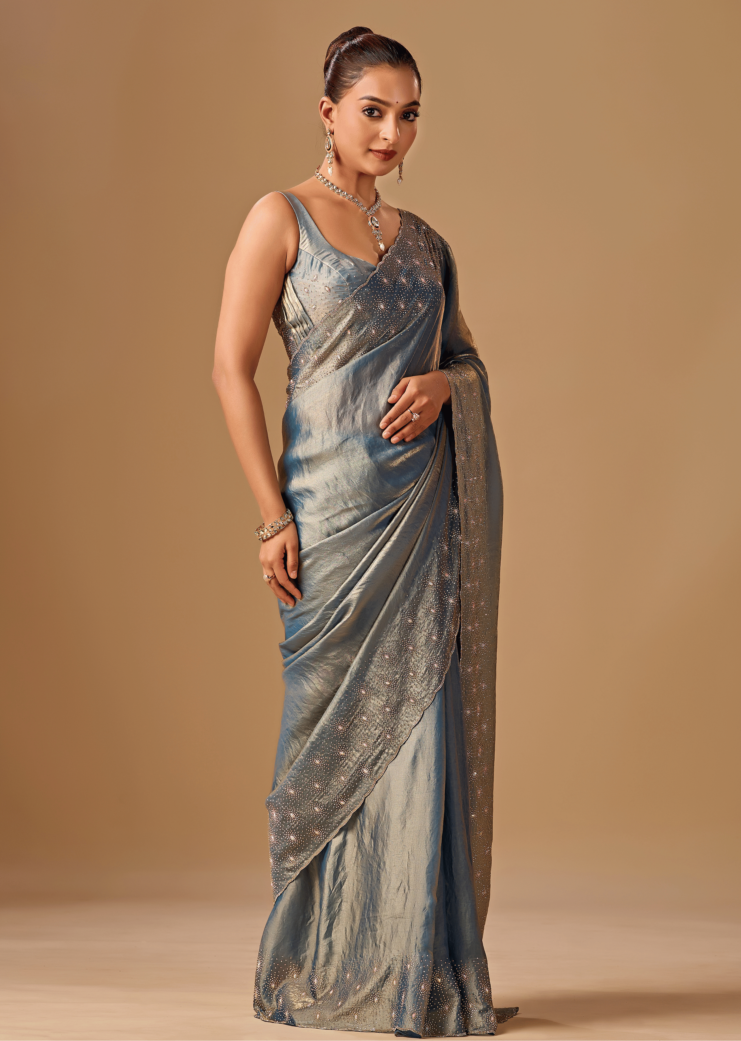 Steel Blue Tissue Silk Saree With Stone Work
