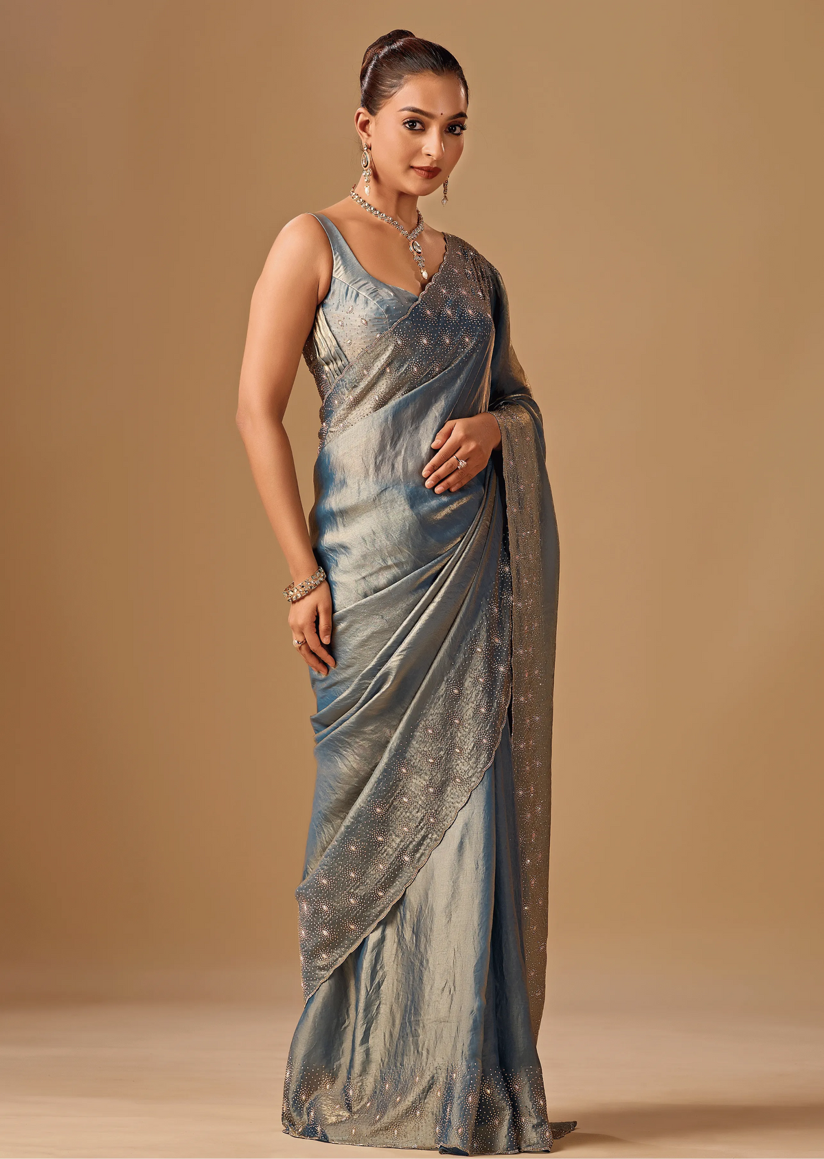 Steel Blue Tissue Silk Saree Blouse Close Up - Stone Work Detailing