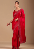 Red Tissue Silk Saree With Stone Work Border - Front Look | Buy On Ethnic9