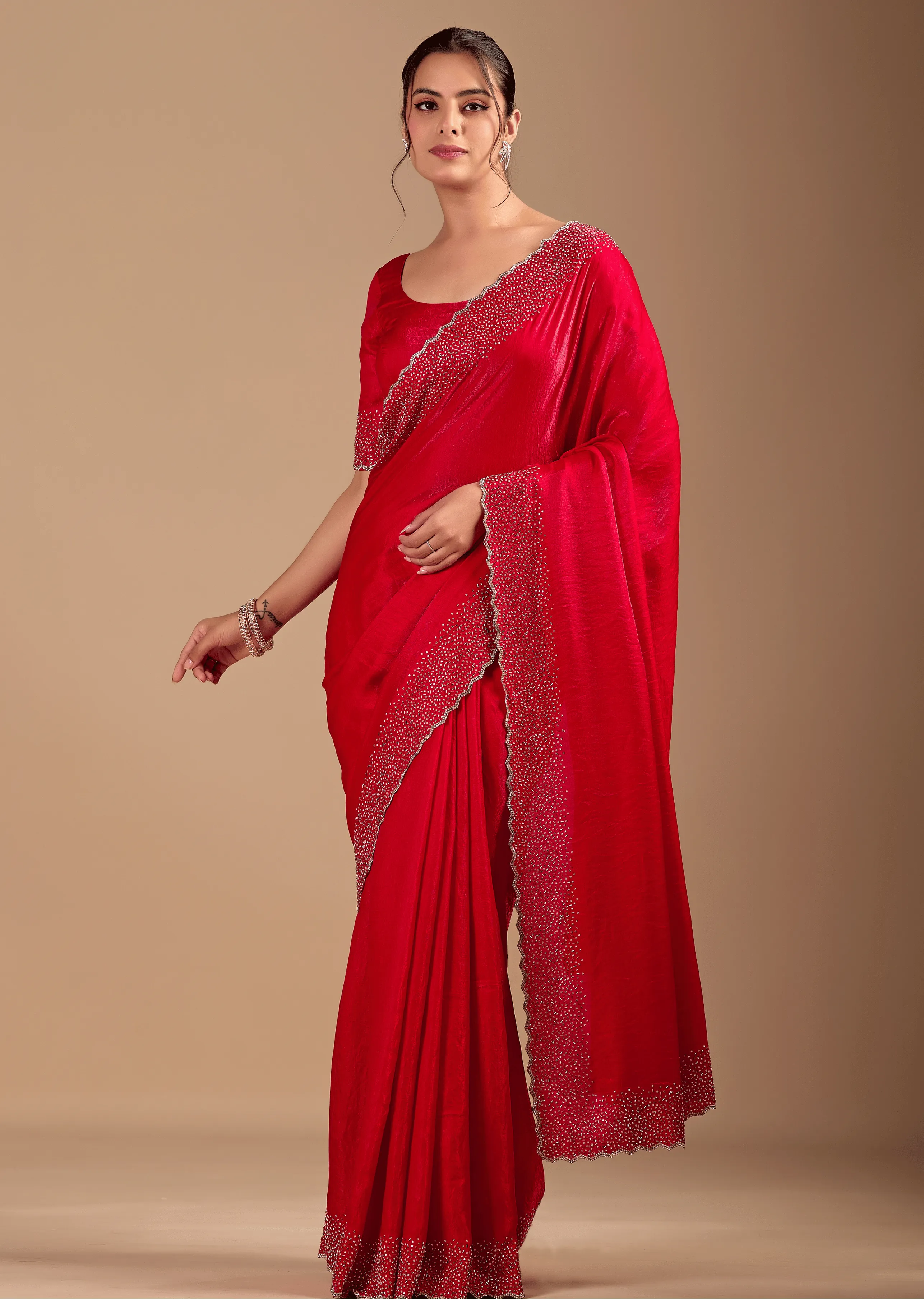 Red Tissue Silk Saree With Stone Work Border - Front Look | Buy On Ethnic9