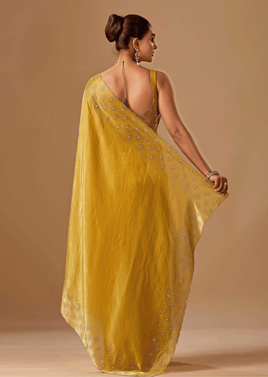 Golden Mustard Tissue Silk Saree With Crystal Stone Border