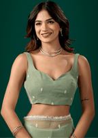 Pista Green Chiffon Saree With Floral Embroidery