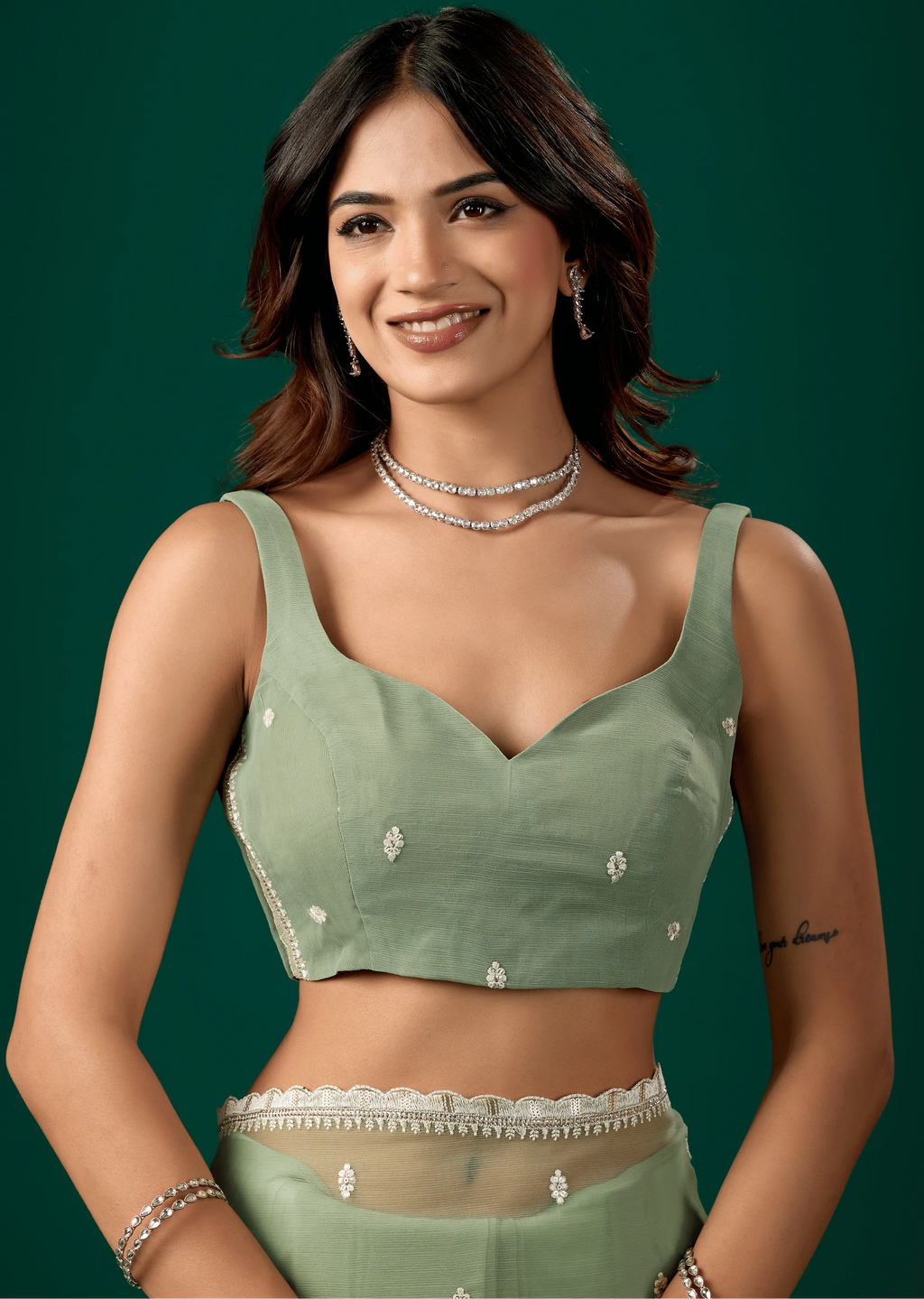 Pista Green Chiffon Saree Blouse Close Up - Stone Detailing Design