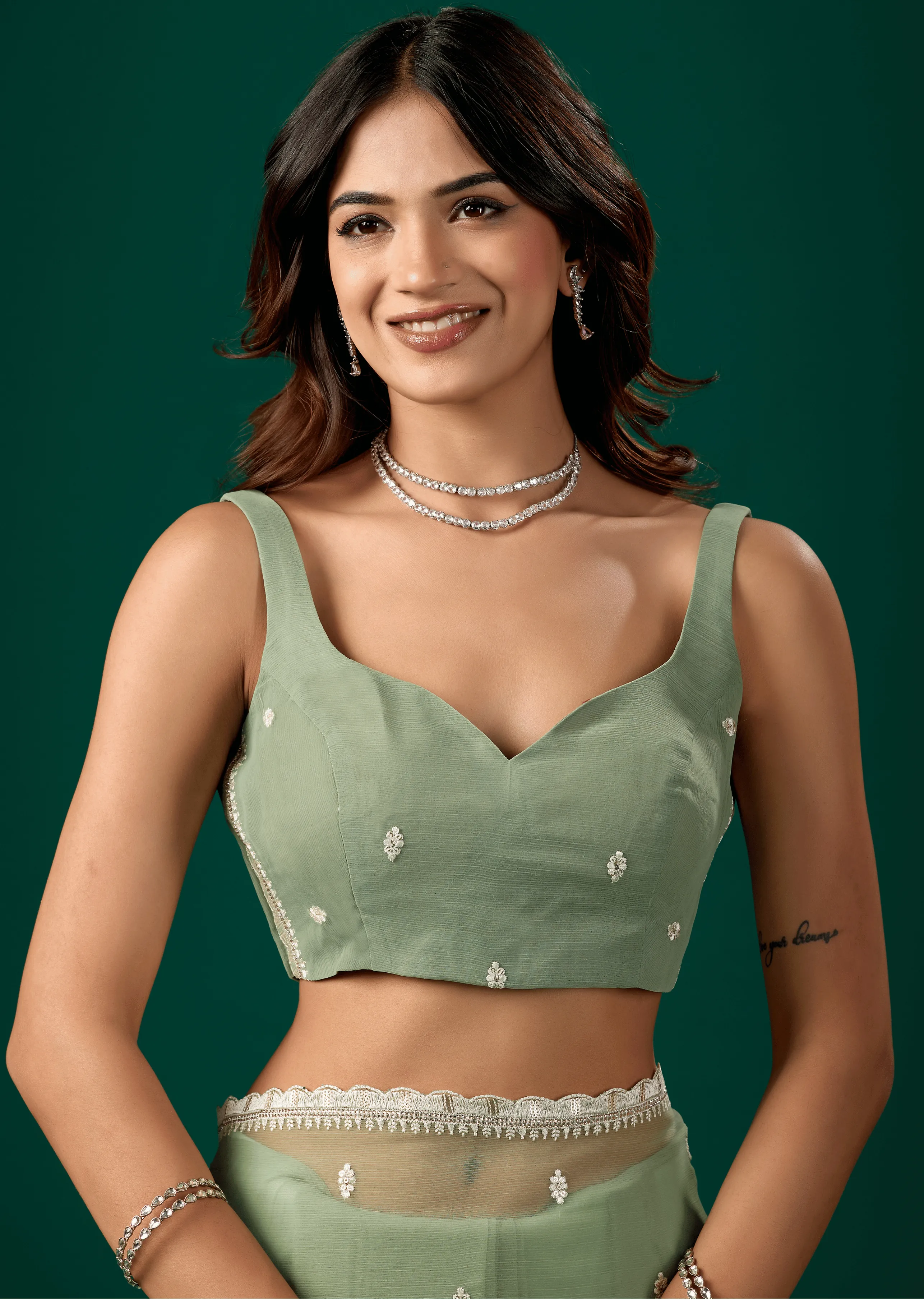 Pista Green Chiffon Saree Blouse Close Up - Stone Detailing Design