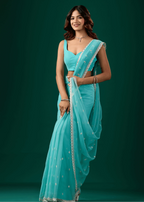 Sky Blue Chiffon Saree With Floral Embroidery