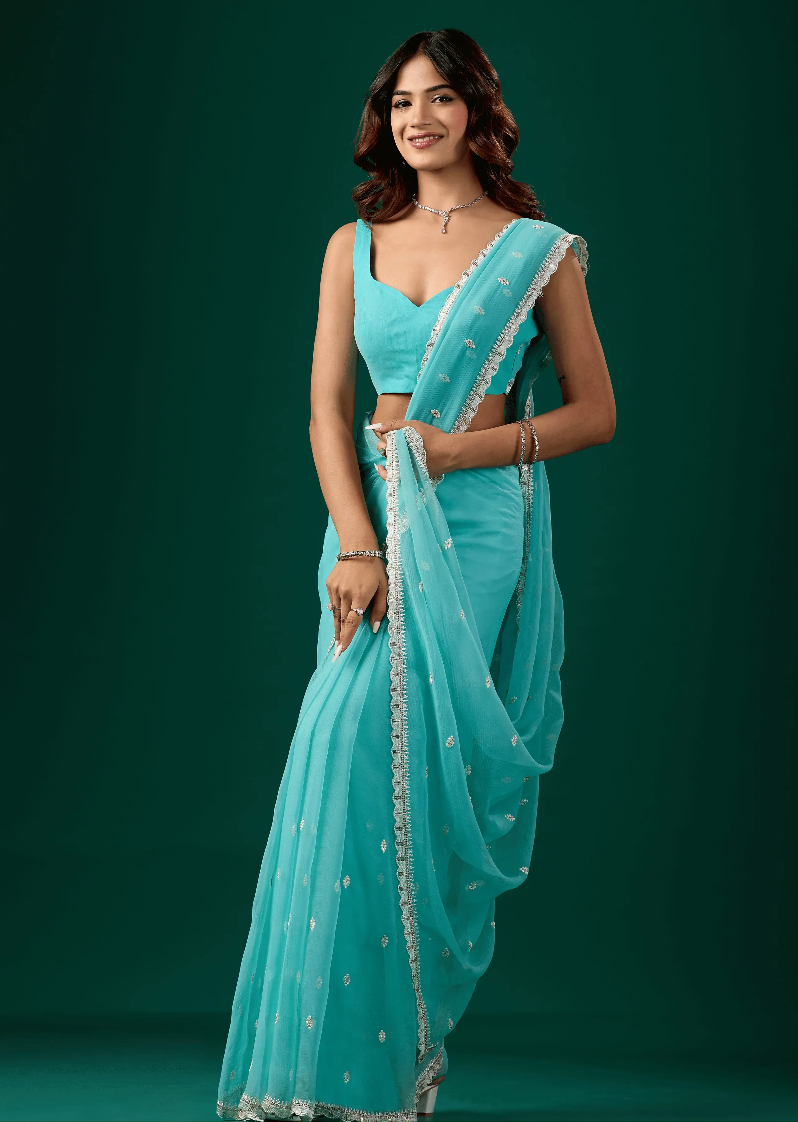Sky Blue Chiffon Saree With Floral Embroidery