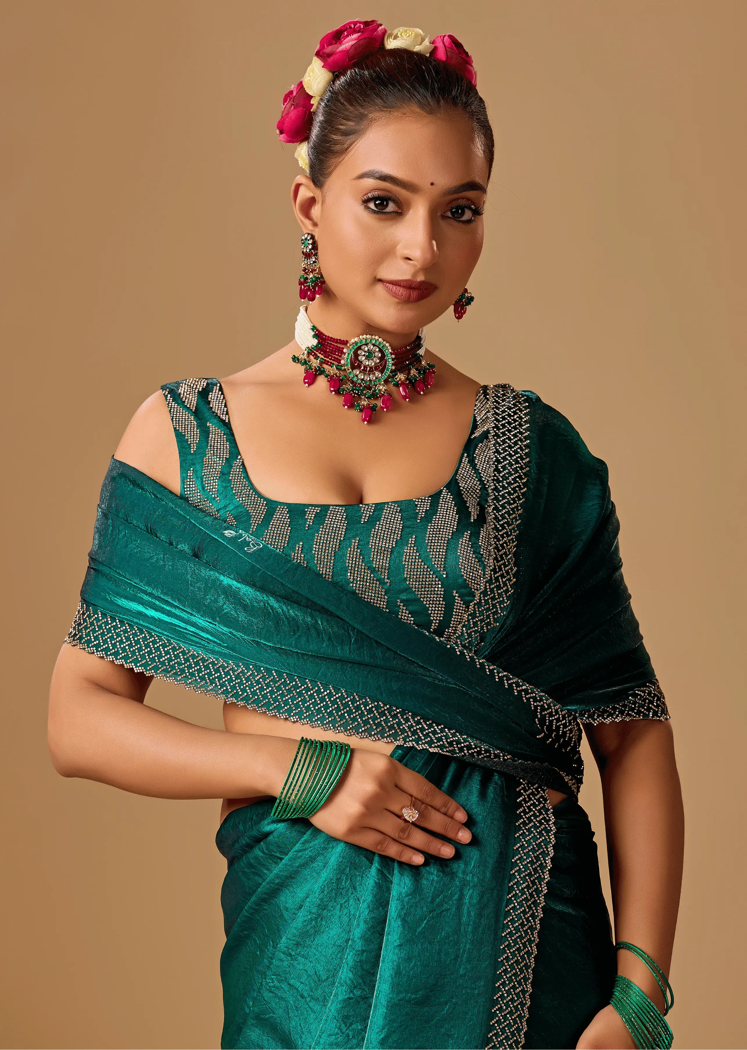 Emerald Green Tissue Silk Saree With Crystal Stone Border