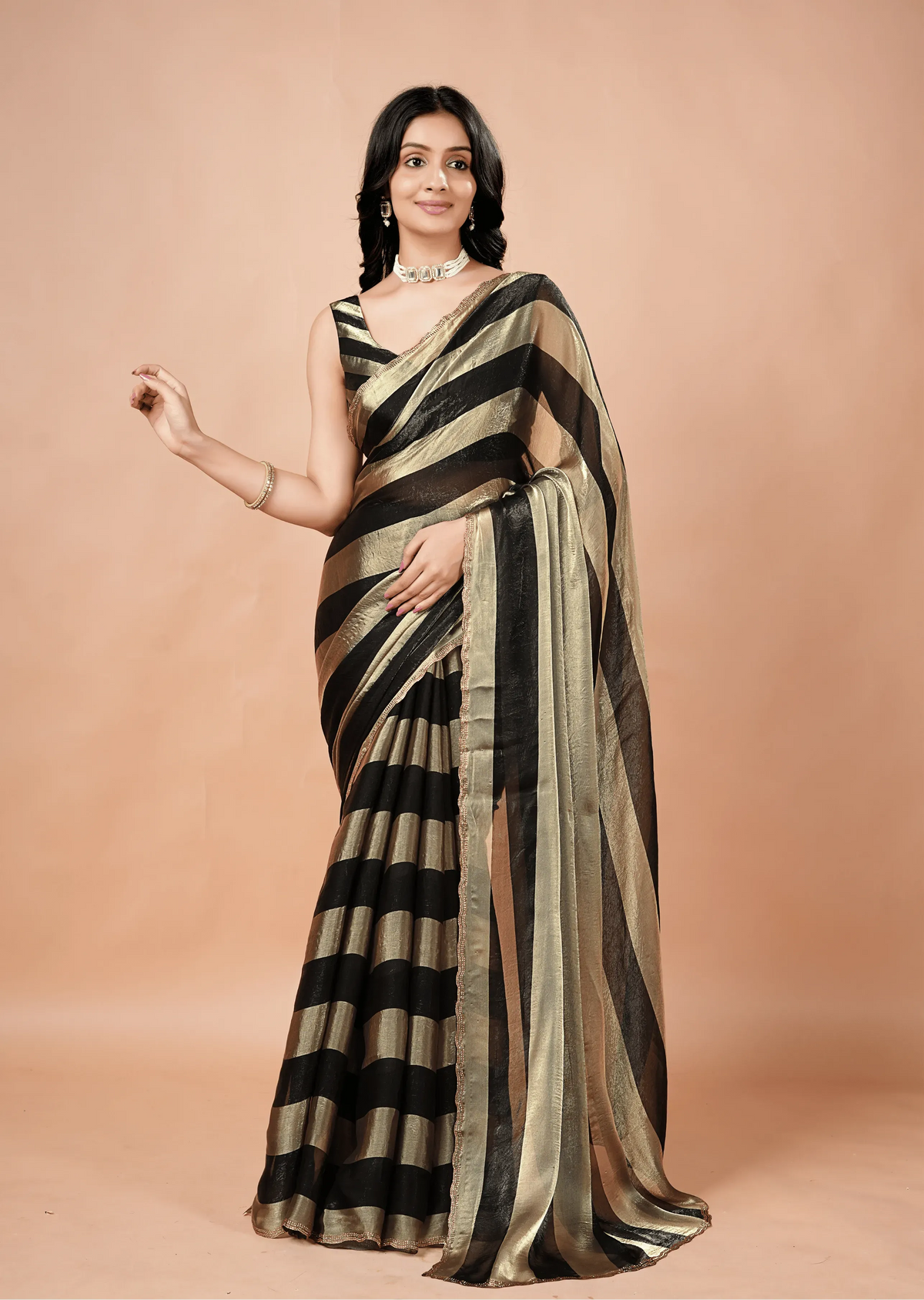 Black Tissue Silk Saree With Striped Weave