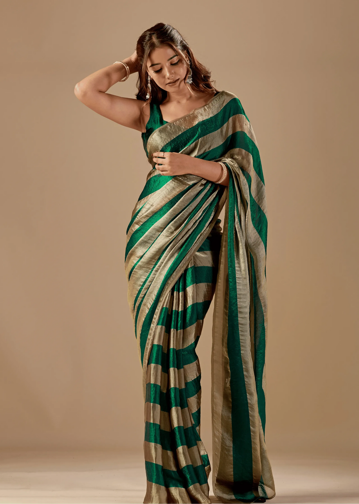 Emerald Green Tissue Silk Saree With Metallic Stripe Weave
