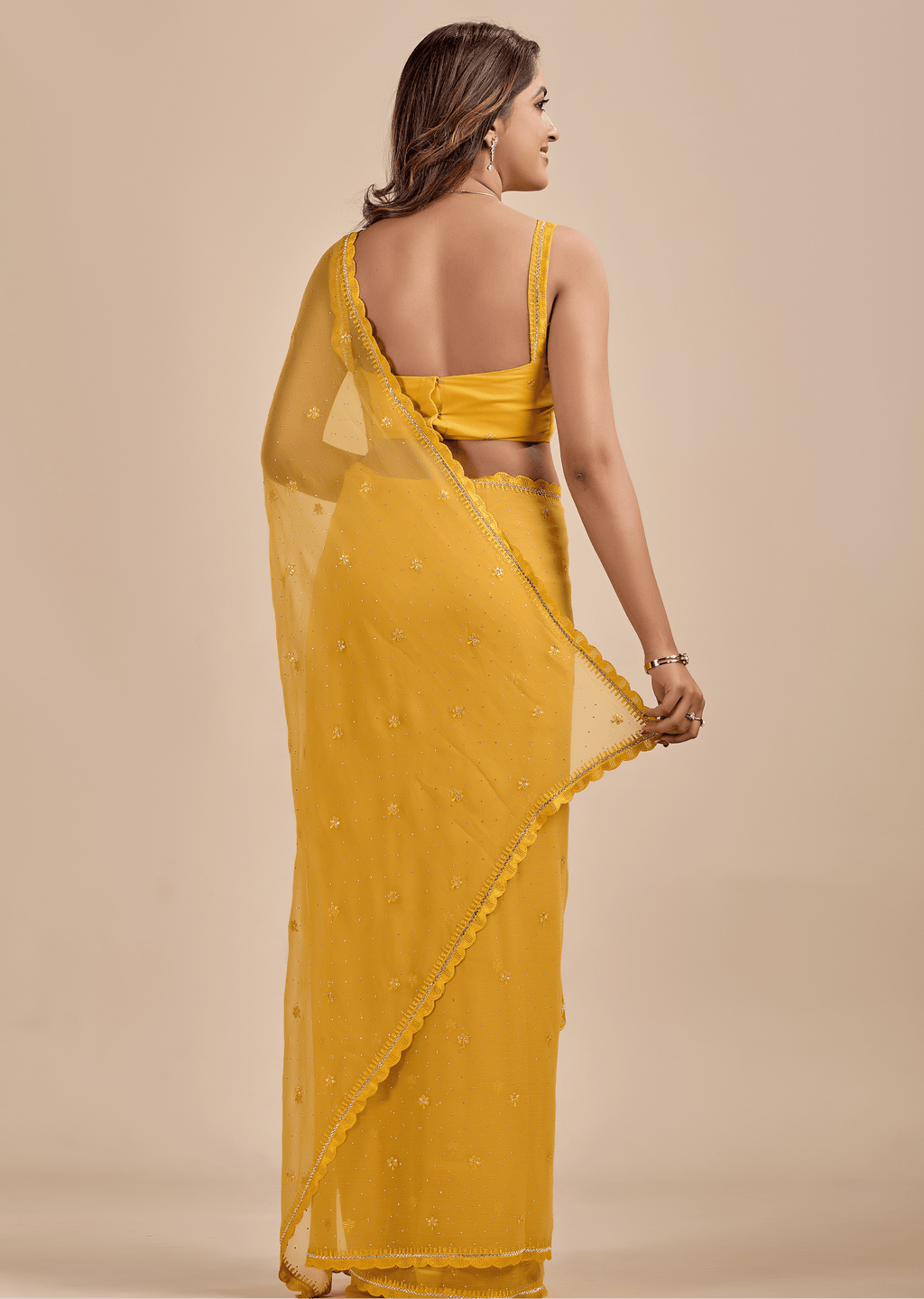 Mustard Yellow Chiffon Saree With Floral Embroidery