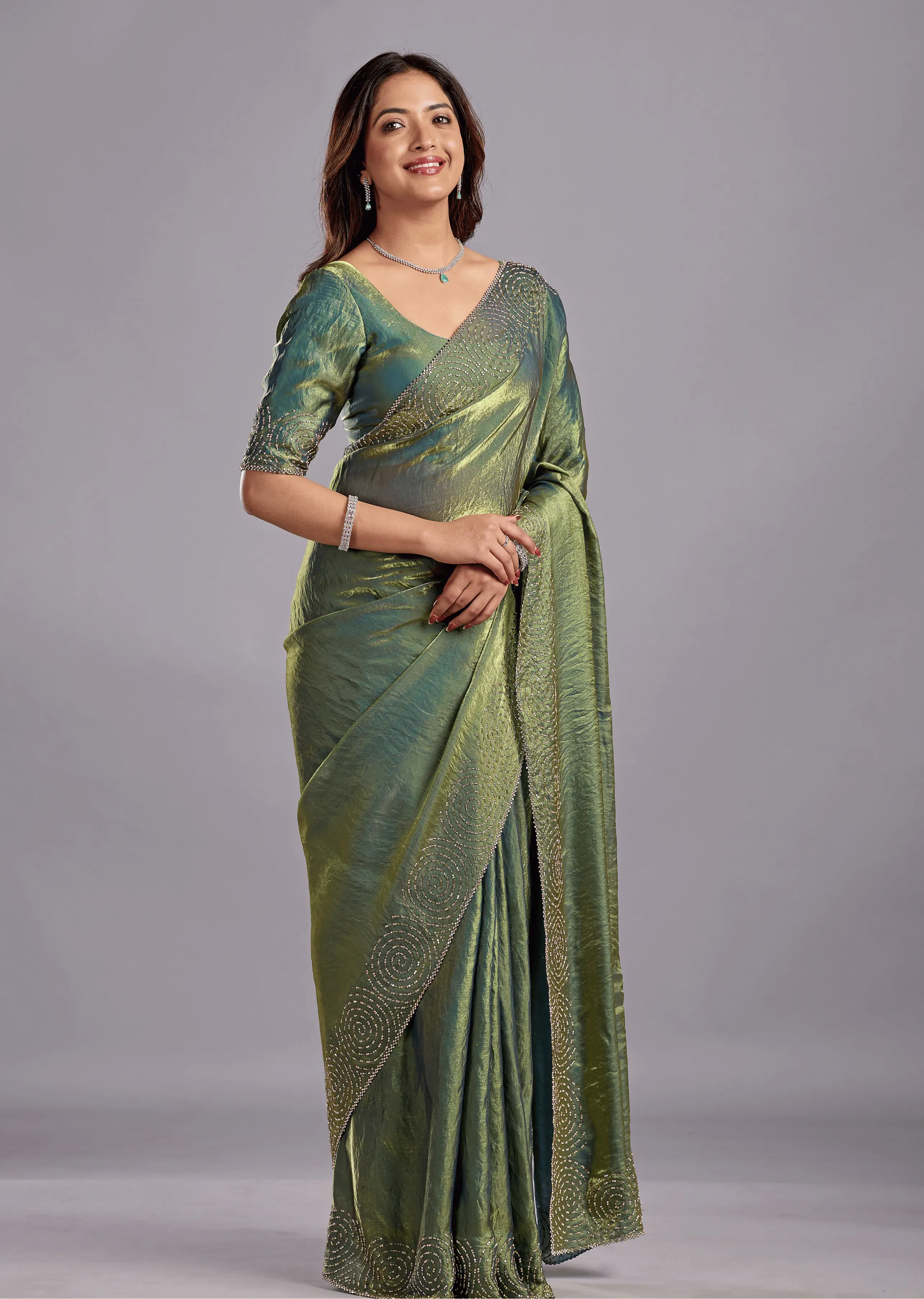 Olive Green Tissue Silk Saree With Crystal Spiral Work