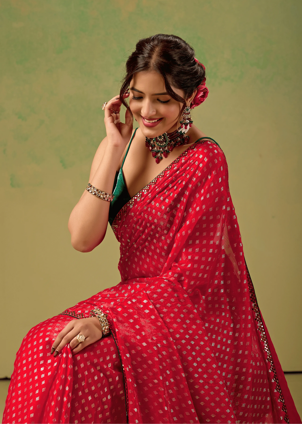 Rani Red Tissue Silk Saree Draped Look - Foil Butti Work Design